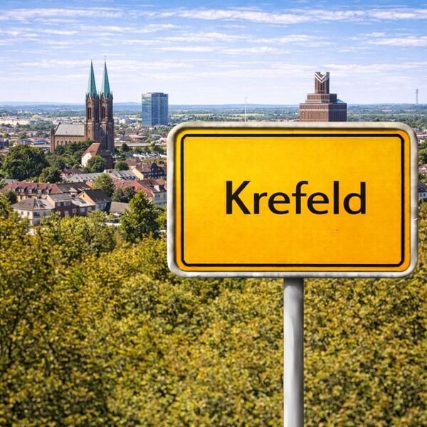 Gelbes Ortsschild Krefeld mit Stadt im Hintergrund
