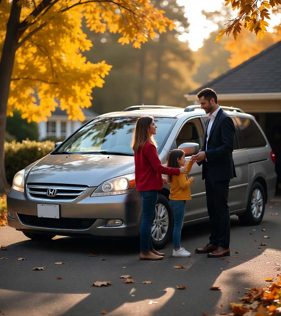 Eine Familie übergibt ein Auto an einen Händler beim Autoankauf Krefeld vor dem Haus
